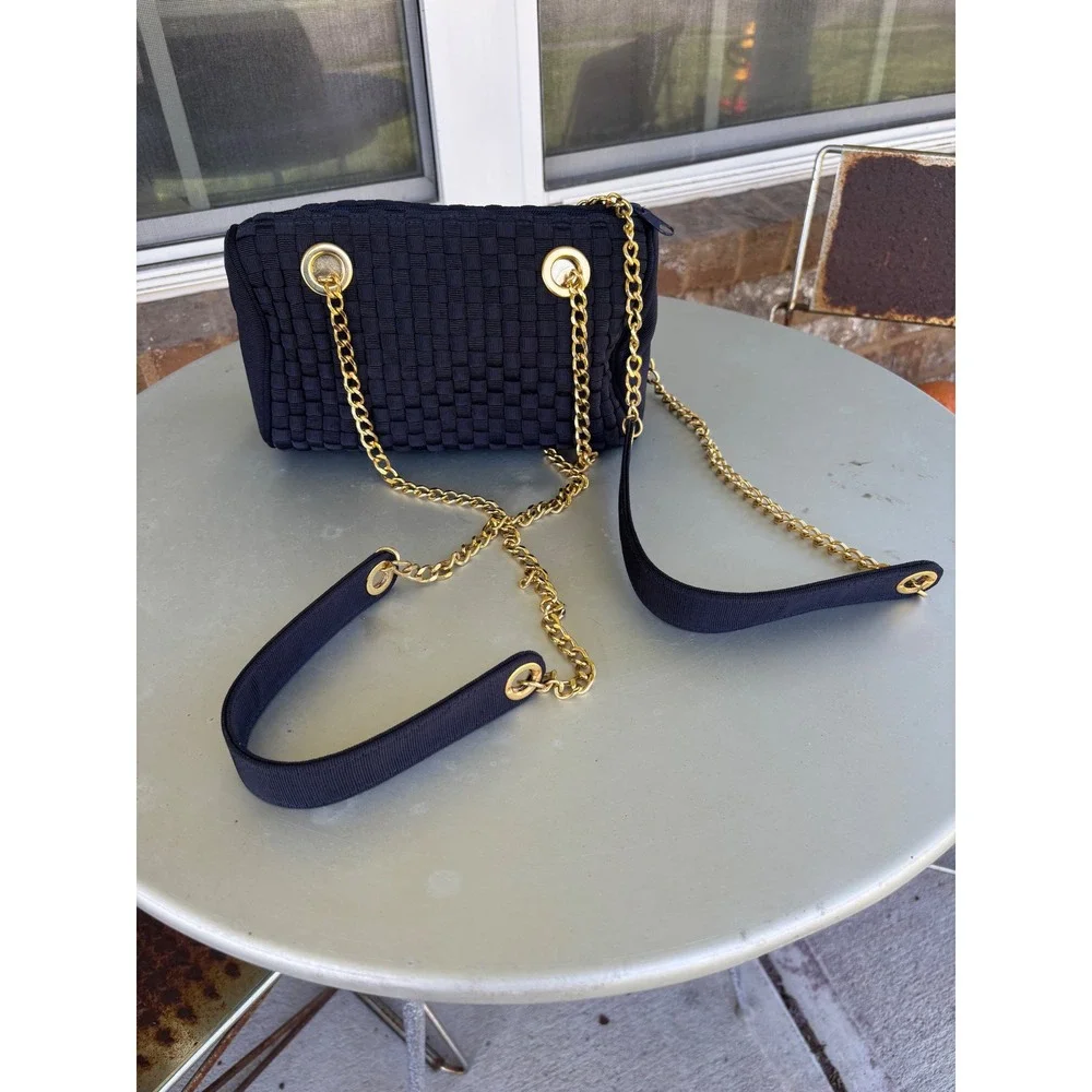Inge Christopher Navy Blue Woven Ribbon Shoulder Bag Gold Chain Strap